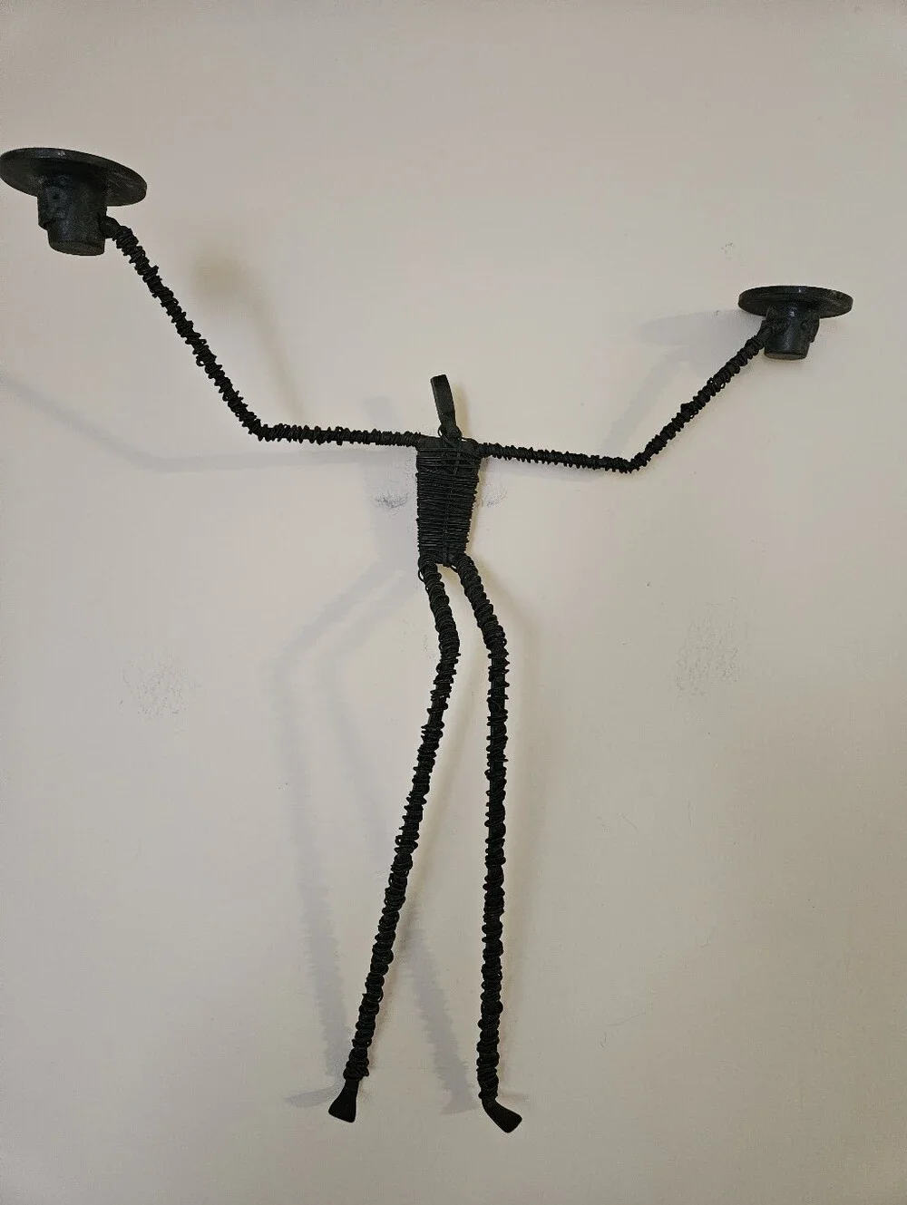 Vintage Brutalist Black Wire Wrought Iron Wall Candle Holder
